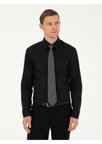 Erkek Siyah Slim Fit Pamuk Karışımlı Klasik Gömlek 50292265-VR046