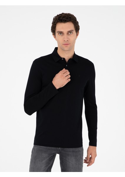 Erkek Siyah Regular Fit Polo Yaka Pamuklu Sweatshirt 50294327-VR046