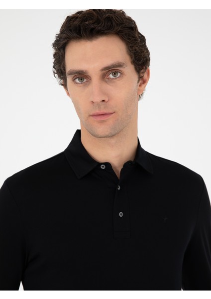 Erkek Siyah Regular Fit Polo Yaka Pamuklu Sweatshirt 50294327-VR046