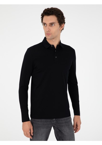 Erkek Siyah Regular Fit Polo Yaka Pamuklu Sweatshirt 50294327-VR046