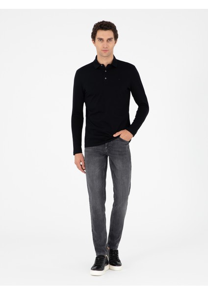 Erkek Siyah Regular Fit Polo Yaka Pamuklu Sweatshirt 50294327-VR046