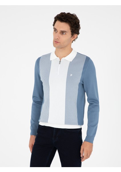 Erkek Mavi Slim Fit Fermuarlı Polo Yaka Triko Kazak 50293767-VR036