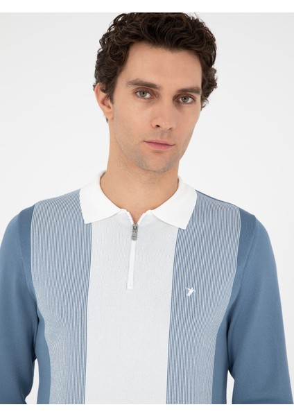 Erkek Mavi Slim Fit Fermuarlı Polo Yaka Triko Kazak 50293767-VR036 fiyatları