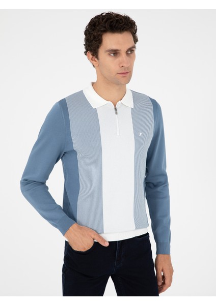 Erkek Mavi Slim Fit Fermuarlı Polo Yaka Triko Kazak 50293767-VR036 modelleri