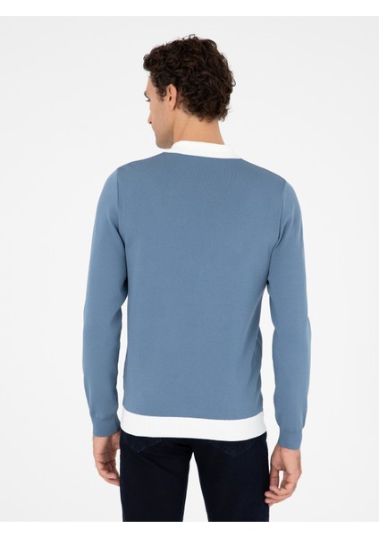 Erkek Mavi Slim Fit Fermuarlı Polo Yaka Triko Kazak 50293767-VR036 indirimleri