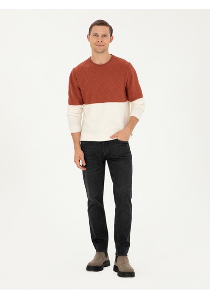 Erkek Kiremit Slim Fit Bisiklet Yaka Baklava Desenli Triko Kazak 50292568-VR031