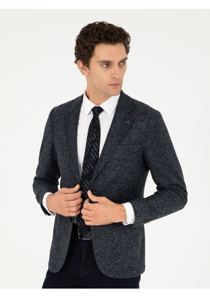 Erkek Lacivert Slim Fit Yün Karışımlı Flanel Ceket 50290527-VR033
