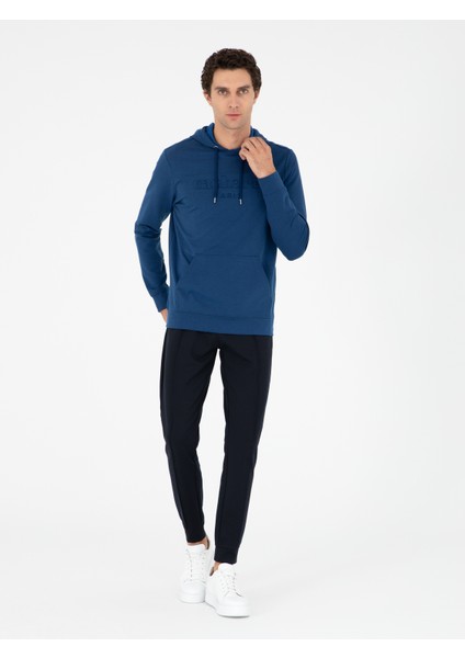 Erkek Lacivert Slim Fit Paçası Lastikli Nervürlü Eşofman Altı 50292584-VR033