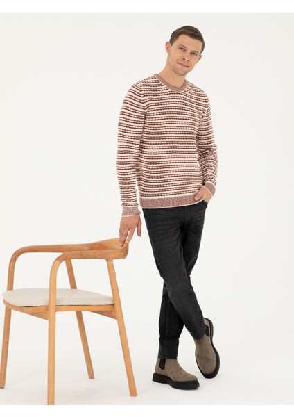 Erkek Kiremit Slim Fit Bisiklet Yaka Triko Kazak 50292612-VR031