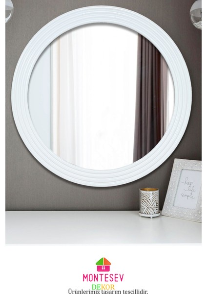 Zümrüt Ahşap Beyaz Dekoratif Yuvarlak Ayna İşlemeli Ahşap Banyo Aynası Duvar Aynası Tekli