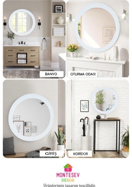 Zümrüt Ahşap Beyaz Dekoratif Yuvarlak Ayna İşlemeli Ahşap Banyo Aynası Duvar Aynası Tekli modelleri