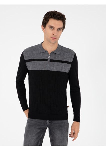 Erkek Siyah Slim Fit Polo Yaka Fermuarlı Triko Kazak 50293786-VR046