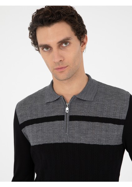 Erkek Siyah Slim Fit Polo Yaka Fermuarlı Triko Kazak 50293786-VR046 fiyatları