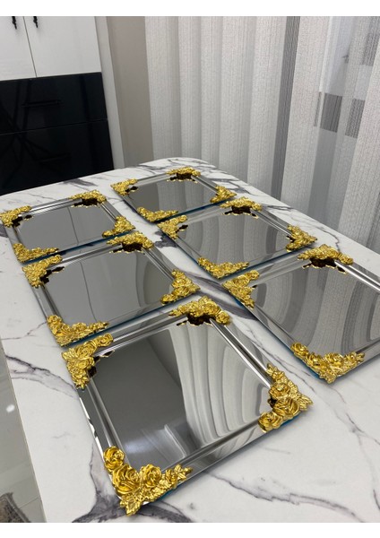 6'lı Lüx 4 Köşesi Çiçekli Kare Gümüş Kaplama Model Çay,kahve,ikram Servis Sunum Tepsisi 21X21