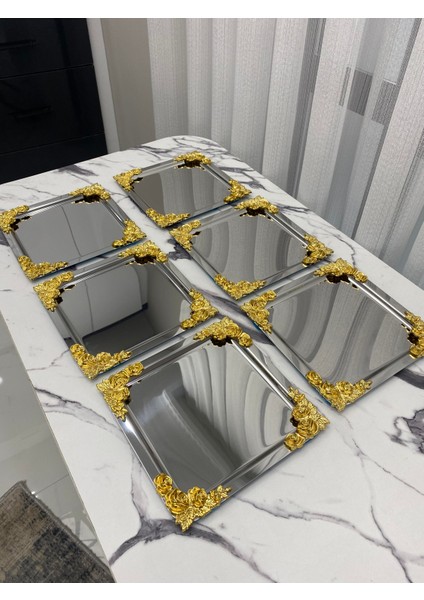 6'lı Lüx 4 Köşesi Çiçekli Kare Gümüş Kaplama Model Çay,kahve,ikram Servis Sunum Tepsisi 21X21