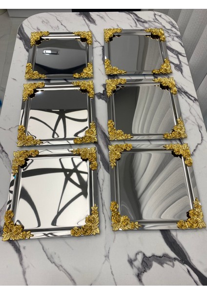 6'lı Lüx 4 Köşesi Çiçekli Kare Gümüş Kaplama Model Çay,kahve,ikram Servis Sunum Tepsisi 21X21