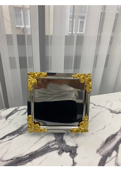 6'lı Lüx 4 Köşesi Çiçekli Kare Gümüş Kaplama Model Çay,kahve,ikram Servis Sunum Tepsisi 21X21