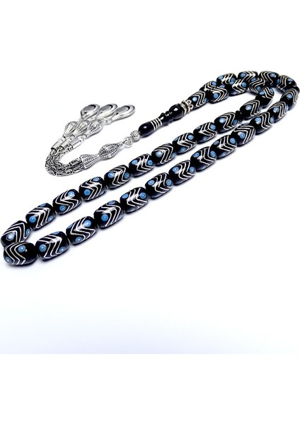 Erzurum Oltu Taşı Tesbih Üzeri Gümüş ve Firuze Tasarım