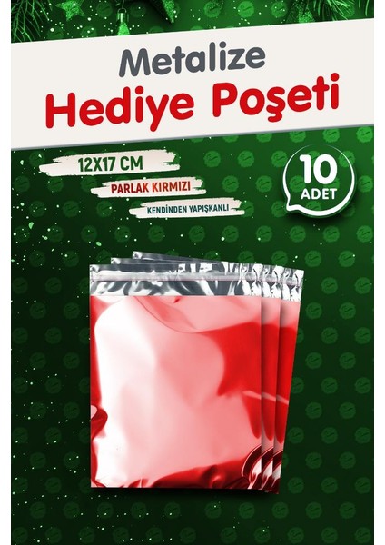 Yapışkanlı Metalize Hediye Paketi Poşeti 12X17CM Kırmızı 10 Adet Yeni Yıl Yılbaşı Hediye Paketi -T1085
