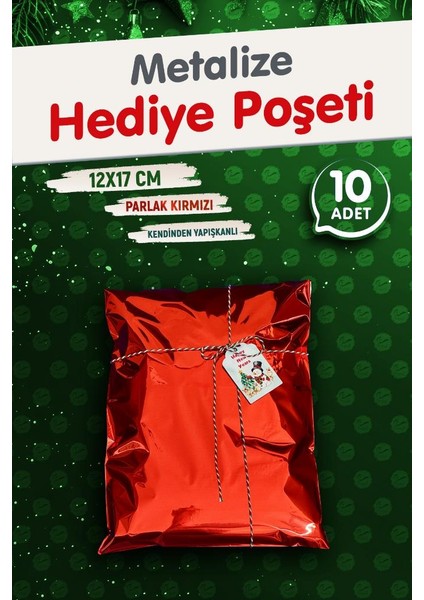 Yapışkanlı Metalize Hediye Paketi Poşeti 12X17CM Kırmızı 10 Adet Yeni Yıl Yılbaşı Hediye Paketi -T1085 fiyatları