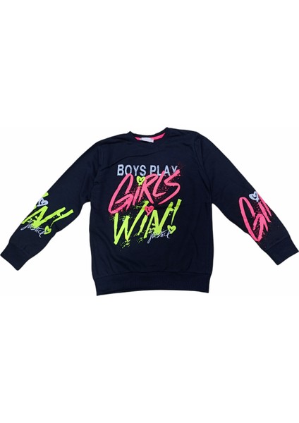 Kız Çocuk Girl Win Yazı Desenli Lacivert Renk Sweatshirt