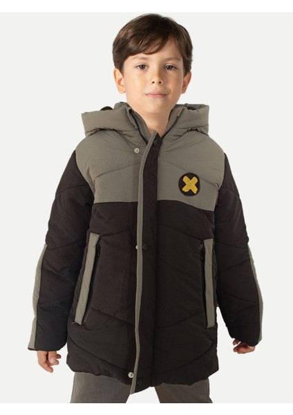 Gri Siyah Su Geçirmez Parçalı Elyaflı Unisex Çocuk Mont