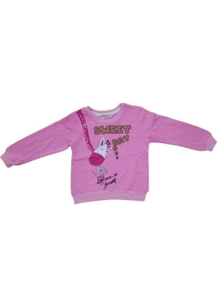 Kız Çocuk Önü Arkası Zürafa Yazı Desenli Pembe Renk Şardonlu Sweatshirt