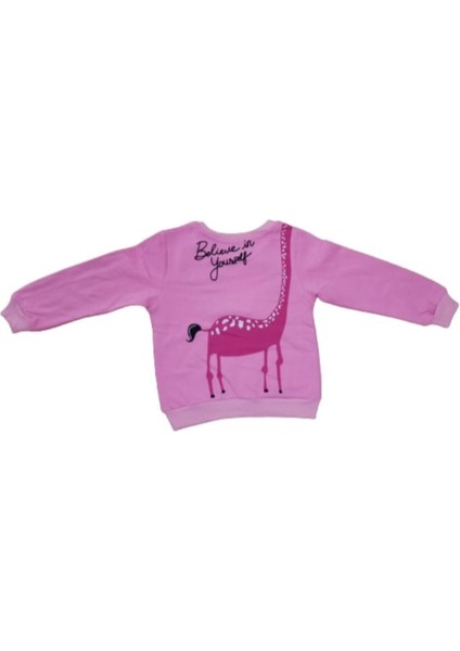 Kız Çocuk Önü Arkası Zürafa Yazı Desenli Pembe Renk Şardonlu Sweatshirt