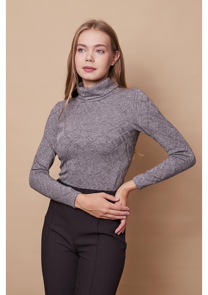 Kadın Desenli Esnek Yumuşak Dokulu Triko Tam Balıkçı Uzun Kol Bluz-Gri fırsatları