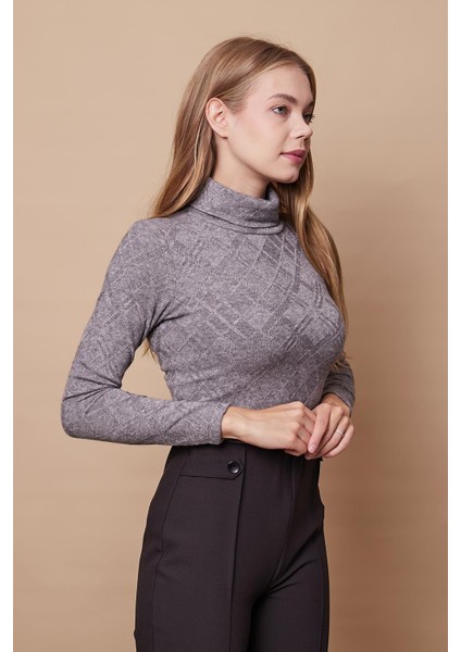 Kadın Desenli Esnek Yumuşak Dokulu Triko Tam Balıkçı Uzun Kol Bluz-Gri indirimleri