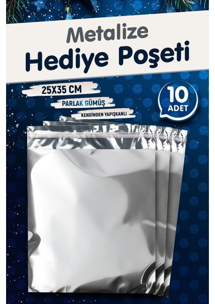 Tuğset Etiket Yapışkanlı Metalize Hediye Paketi Poşeti 25X35CM Gümüş 10 Adet  Yeni Yıl Yılbaşı Hediye Paketi -T1093