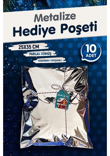 Tuğset Etiket Yapışkanlı Metalize Hediye Paketi Poşeti 25X35CM Gümüş 10 Adet  Yeni Yıl Yılbaşı Hediye Paketi -T1093