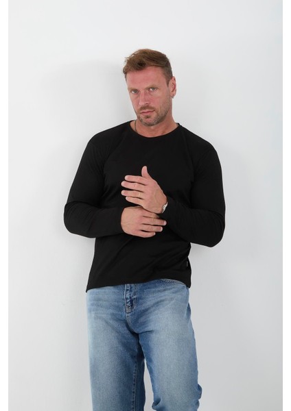 İnterlok Kumaş İnce Uzun Kollu Erkek Sweatshirt - Siyah fiyatları