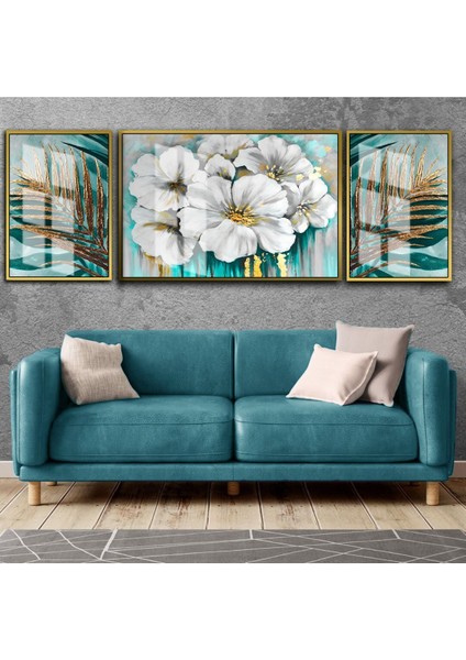 |turkuaz-Gold Kombini Çiçek Yaprak|çerçeveli Temperli Cam Tablo 3lü Yatay