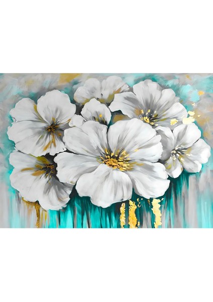 |turkuaz-Gold Kombini Çiçek Yaprak|çerçeveli Temperli Cam Tablo 3lü Yatay fiyatları