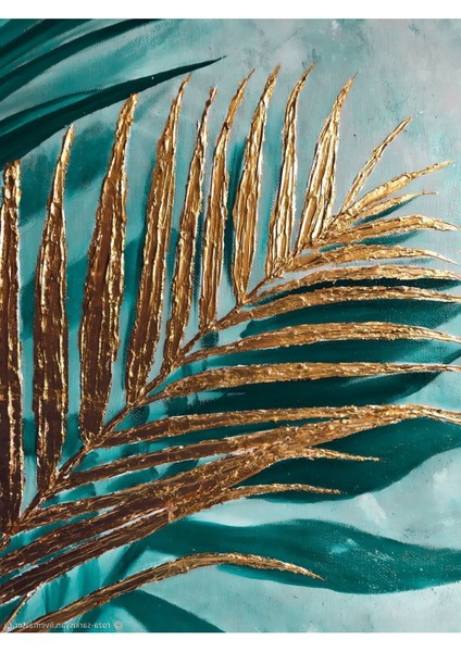 |turkuaz-Gold Kombini Çiçek Yaprak|çerçeveli Temperli Cam Tablo 3lü Yatay modelleri