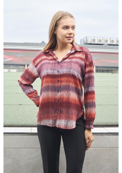 Kadın Desenli Yakalı Düşük Omuzlu Uzun Kol Şık Ofis Gömlek-Kiremit Çizgi