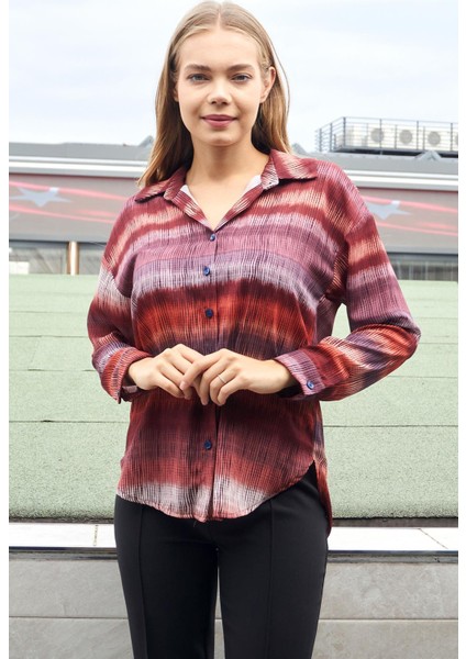 Kadın Desenli Yakalı Düşük Omuzlu Uzun Kol Şık Ofis Gömlek-Kiremit Çizgi fiyatları