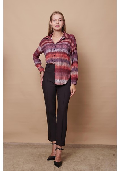 Kadın Desenli Yakalı Düşük Omuzlu Uzun Kol Şık Ofis Gömlek-Kiremit Çizgi modelleri