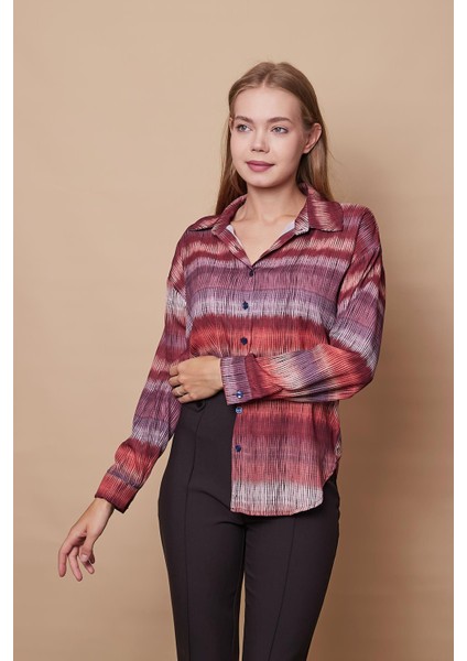 Kadın Desenli Yakalı Düşük Omuzlu Uzun Kol Şık Ofis Gömlek-Kiremit Çizgi fırsatları