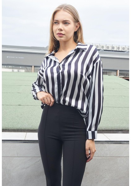 Kadın Desenli Yakalı Düşük Omuzlu Uzun Kol Şık Ofis Gömlek-Siyah Beyaz Çizgi