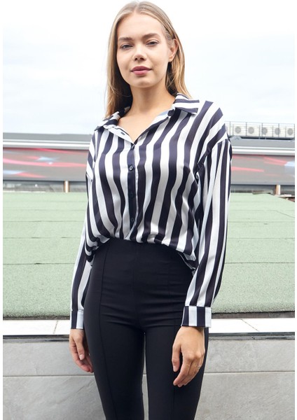 Kadın Desenli Yakalı Düşük Omuzlu Uzun Kol Şık Ofis Gömlek-Siyah Beyaz Çizgi fiyatları