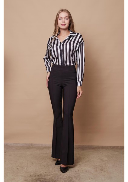 Kadın Desenli Yakalı Düşük Omuzlu Uzun Kol Şık Ofis Gömlek-Siyah Beyaz Çizgi modelleri