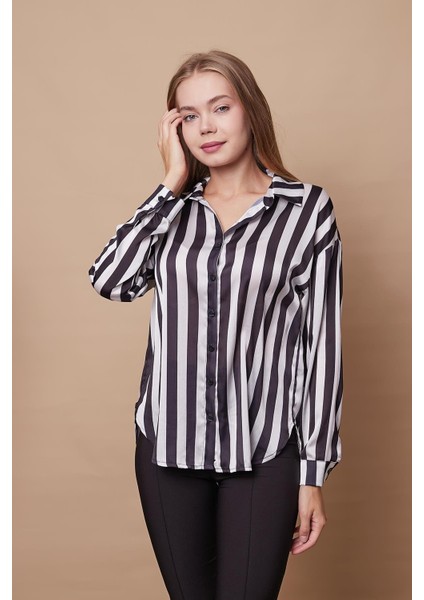 Kadın Desenli Yakalı Düşük Omuzlu Uzun Kol Şık Ofis Gömlek-Siyah Beyaz Çizgi fırsatları