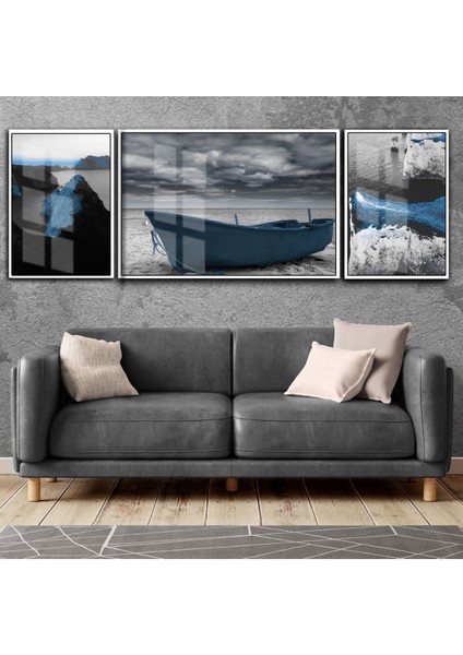 |lacivert-Gri Kombini Kayık-Dağ|çerçeveli Temperli Cam Tablo 3lü Yatay 3lü Yatay
