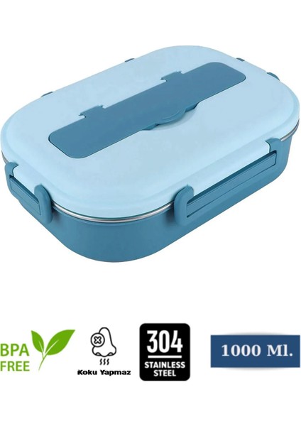 1 Litre 3 Bölmeli Mavi 304 Paslanmaz Çelik Hazneli Beslenme Kabı Lunch Box Beslenme Kutusu Sefer Tası Yemek Taşıma Kabı