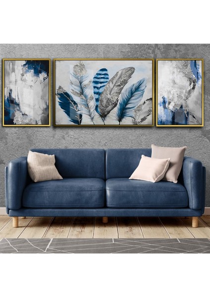 |lacivert-Gri Kombini Tüy Soyut|çerçeveli Temperli Cam Tablo 3lü Dikey 3lü Yatay