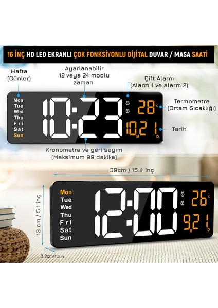 Kumandalı Büyük Hd LED Ekranlı Dijital Masa Duvar Saati Elektronik Saat Sıcaklık Tarih Turuncu fiyatları