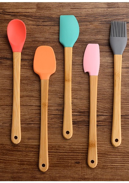 5 Parça Silikon Mini Spatula 21 cm Seti Bambu Saplı Isıya Dayanıklı Pişirme Gereçleri