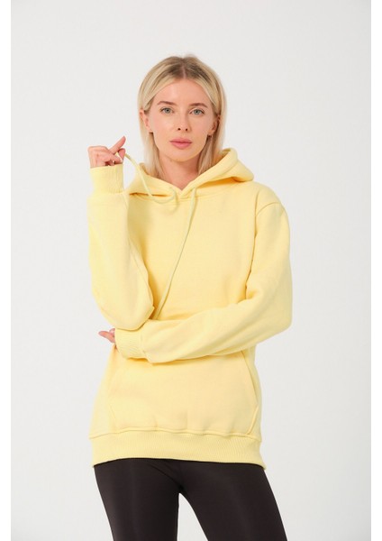 Kadın Limon Sarı %100 Pamuk Kordonlu Kanguru Cep Şardonlu Kapüşonlu Kordonlu Regular Fit Sweatshirt